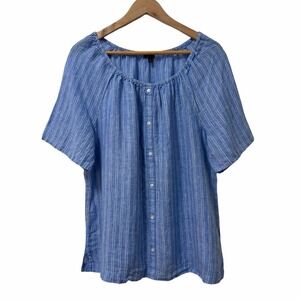 Talbots Womens 100% Linen Stripe Short Sleeve Button Top Size‎ L Blue Coastal